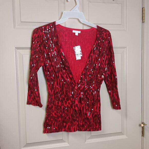 New York & Company Womens Cardigan Size Medium Red Sequin 3/4 Sleeve NWT - Picture 1 of 4